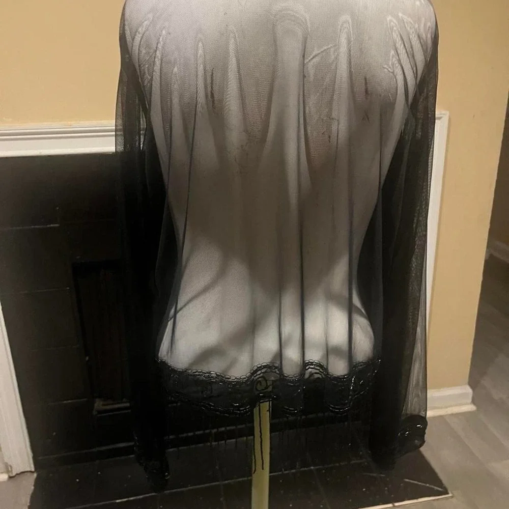 Black sheer beaded cardigan with lace trim and beaded fringe Whimsygoth